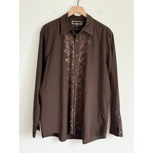 Michael Kors Chocolate Brown Floral Embroidered Button Down Long Sleeve Shirt XL